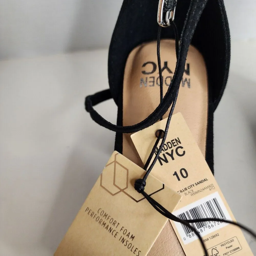 NIB MADDEN NYC WOMENS BLACK SZ 10 RHINESTONE ILLIE CITY BLOCK HEEL STRAPPYSANDAL